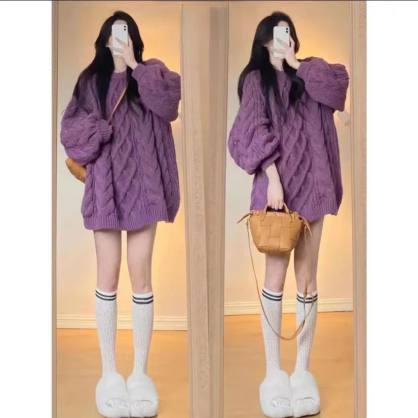 Sweater Round Neck Fried Dough Twists Knit Purple Sweater Blouse
