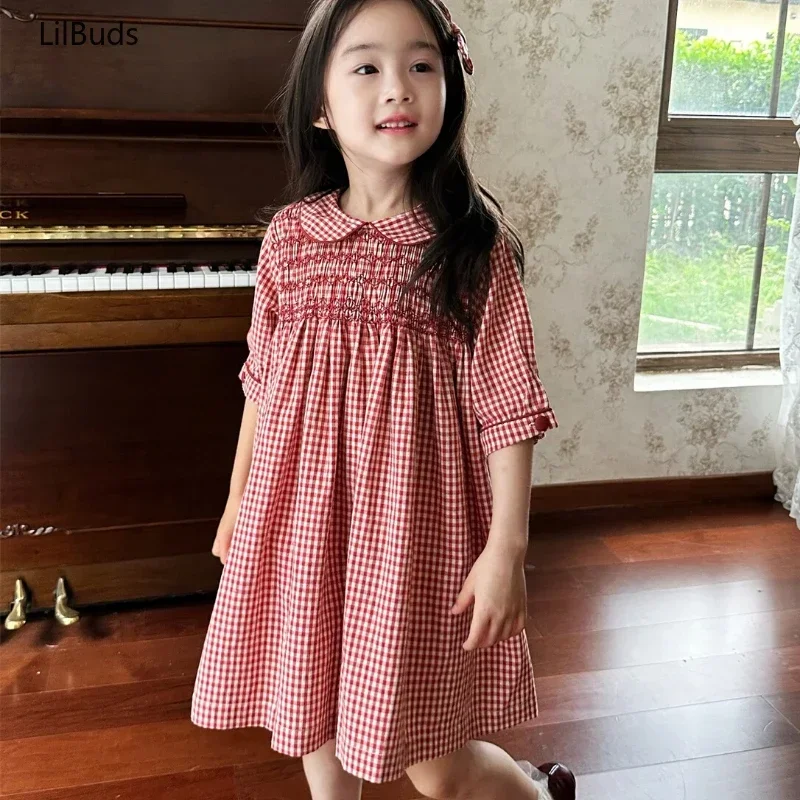 

2024 Kids Children's Clothes Retro Red Check Handmade Princess Elegant Costumes Girls Sleeve Dress Clothing Matching Summer