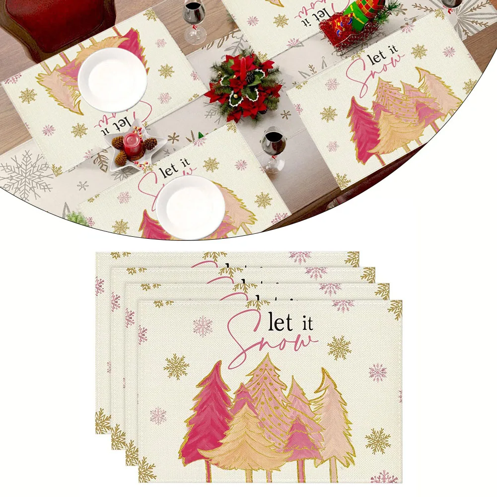 4pcs Pink Xmas Tree Snowflake Placemats 12x18 Inch Table Mats For Christmas Party Kitchen Dining Home Decoration