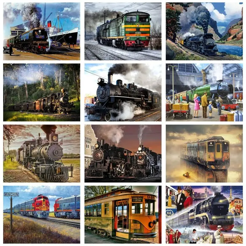 

GATYZTORY 5D Diamond Painting Train Scenery Rhinestone Picture Diamond Embroidery Cross Stitch Home Decoration
