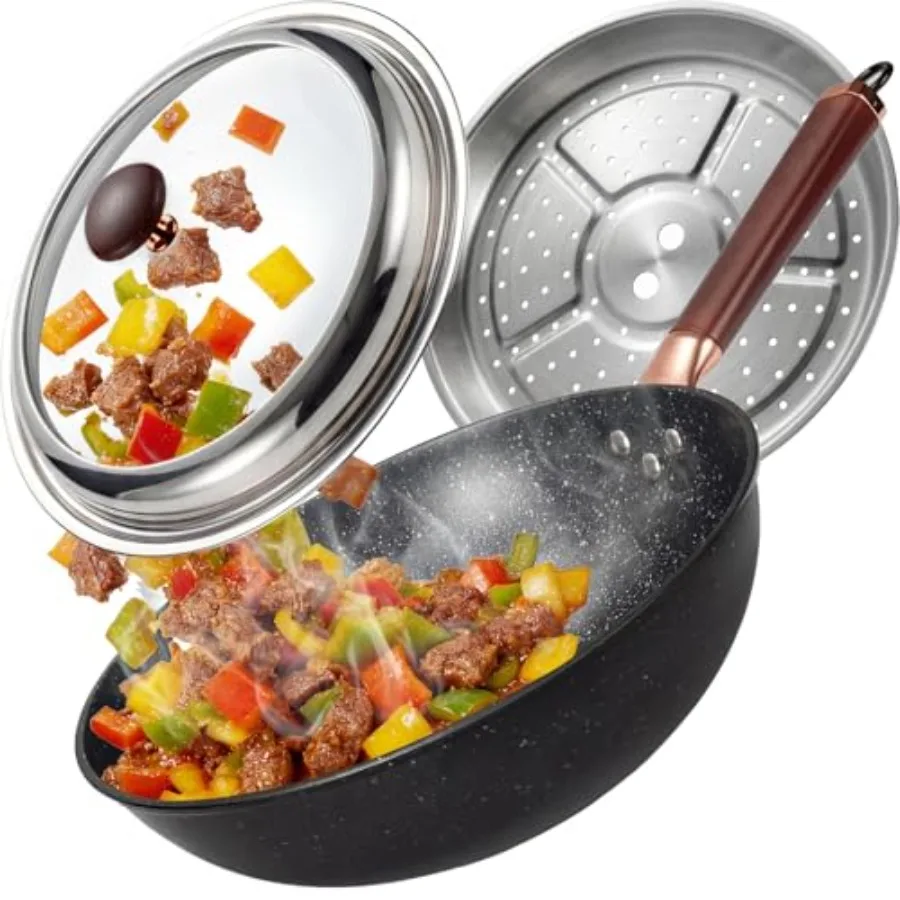 

12.5-Inc Caron Steel Wok Pan wit Lid: Woks and Stir-Fry Pans Nonstick wit Steamer for Cooking Pan t Lar Deep Cine Frying Saute