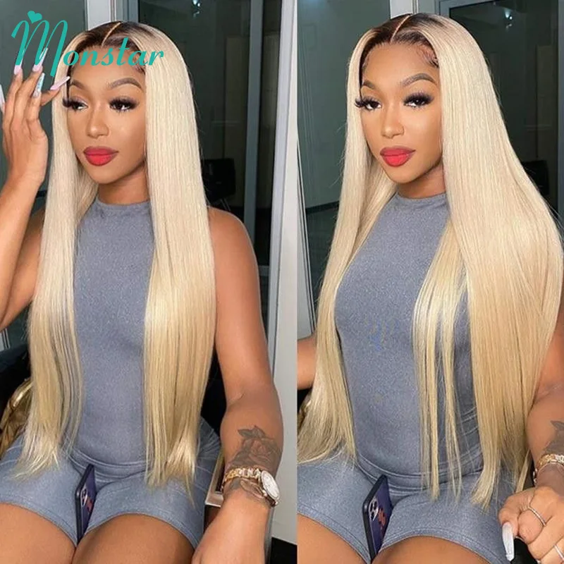 Wig 13x6 transparan 1B 613 Lace Frontal 30 32 34 inci Peru Remy pirang Ombre lurus wig rambut manusia depan renda untuk wanita