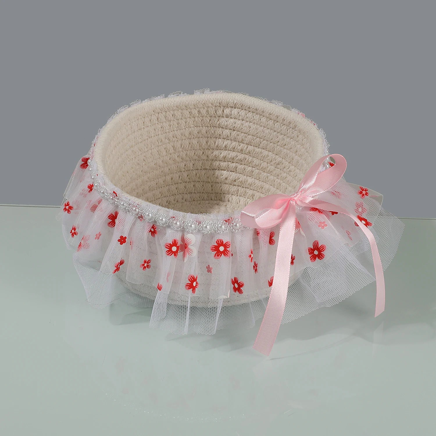 Cotton Rope Storage Basket with Red Floral Print Tulle Skirt, Pearl Trim and Pink Satin Ribbon Bow, Decorative Organizer Tray