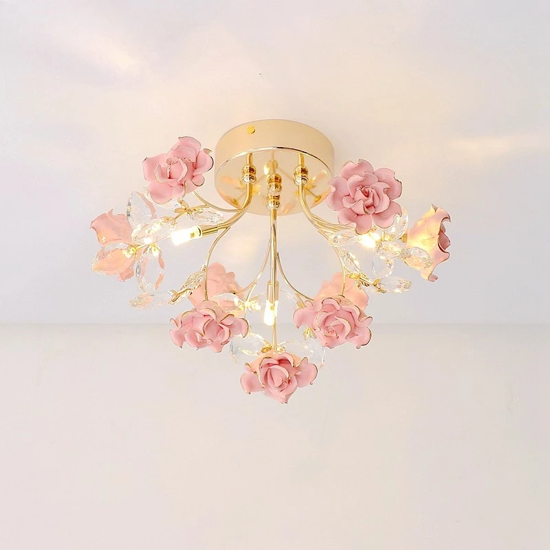 French Romantic Flower Ceiling Light with Innovative Design LED Crystal Ceiling Chandelier for Girls Children's Room Decor Items