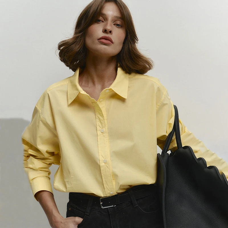 Tornova banlieue chemise jaune pour femmes manches longues revers simple boutonnage ample décontracté coton chemise dame mode Blouses solides