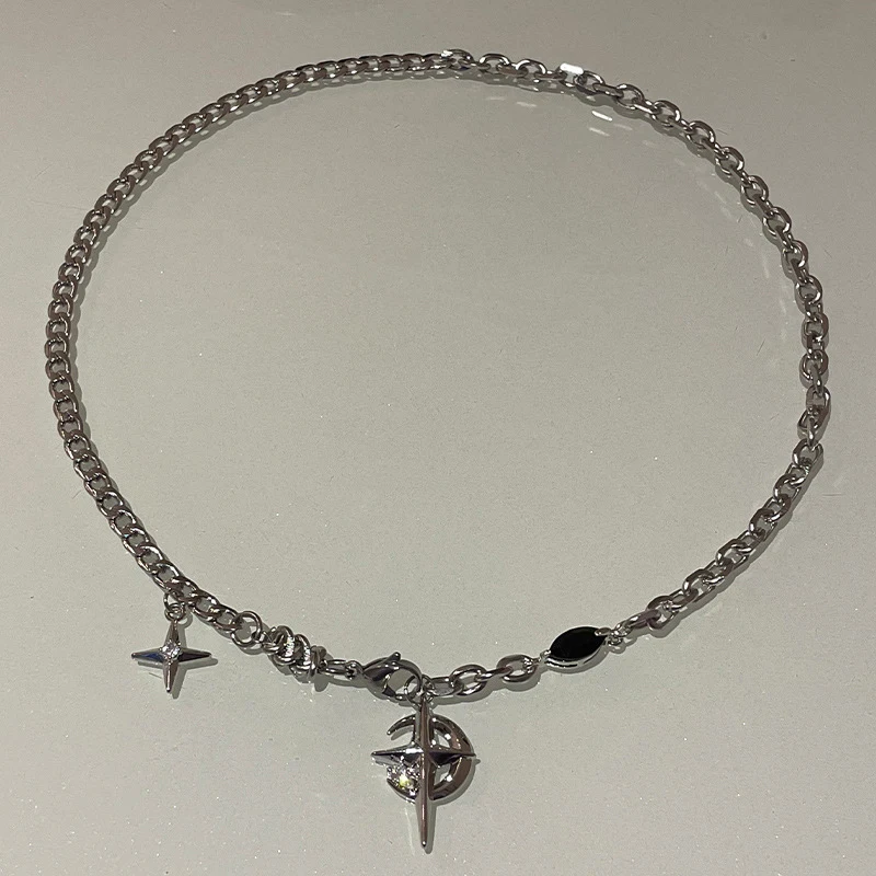 JWER New Y2K Cuban Figaro Chain Star Moon Pendant Necklace Men Punk Black Zircon Chain Choker Necklace For Men Jewelry Gifts image 6