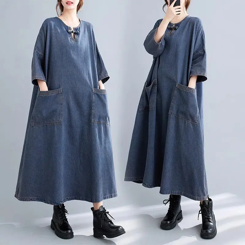 

Oversized Women's Denim Dress 2024 Spring And Autumn Loose Fit Casual Fashion High-End Long Vintage Jeans Dress Vestido Z4021