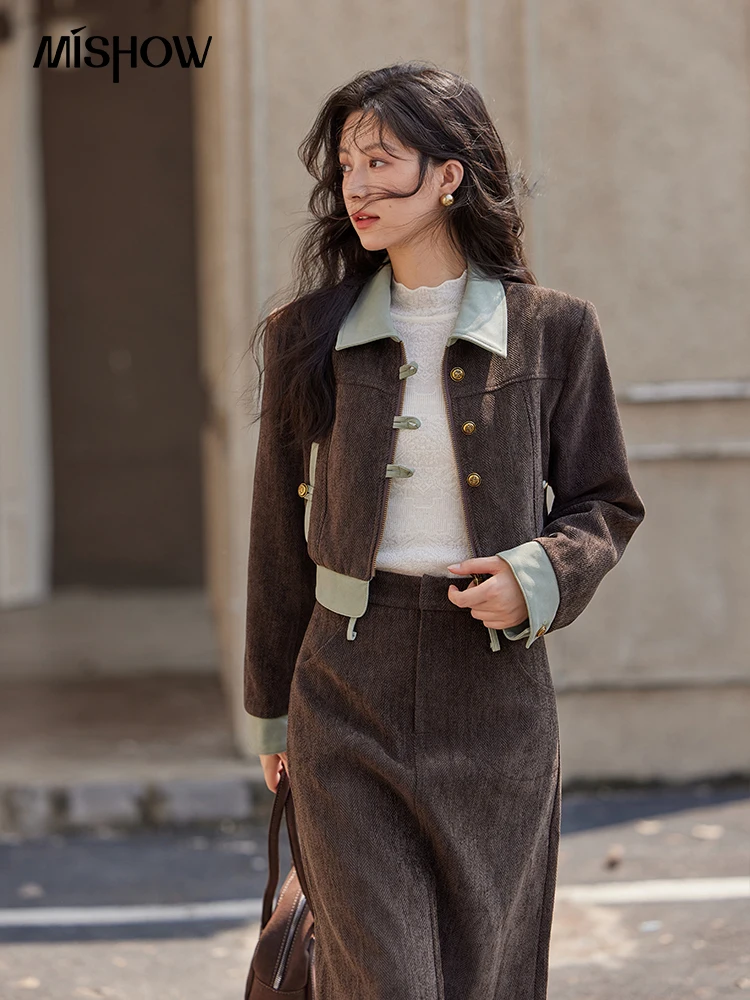 MISHOW Fragrant Jacket Rear Hem Slit Skirt Separately 2024 Winter Lapel Jackets Splicing Contrasting Leather Skirts MXD43W0444