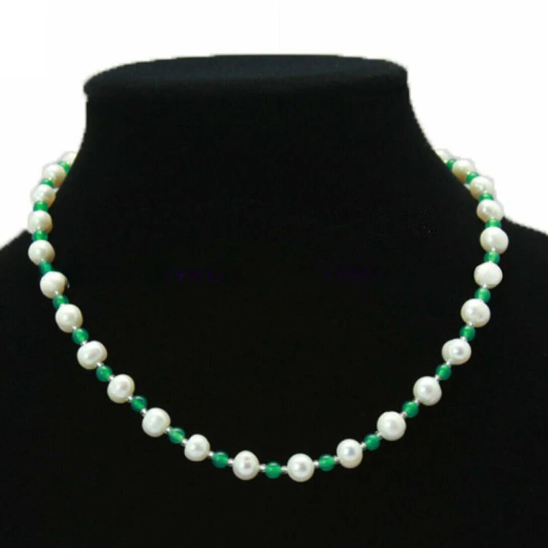 

Genuine 7-8mm Natural White Akoya Freshwater Pearl & 4mm Green Jade Necklace 18"