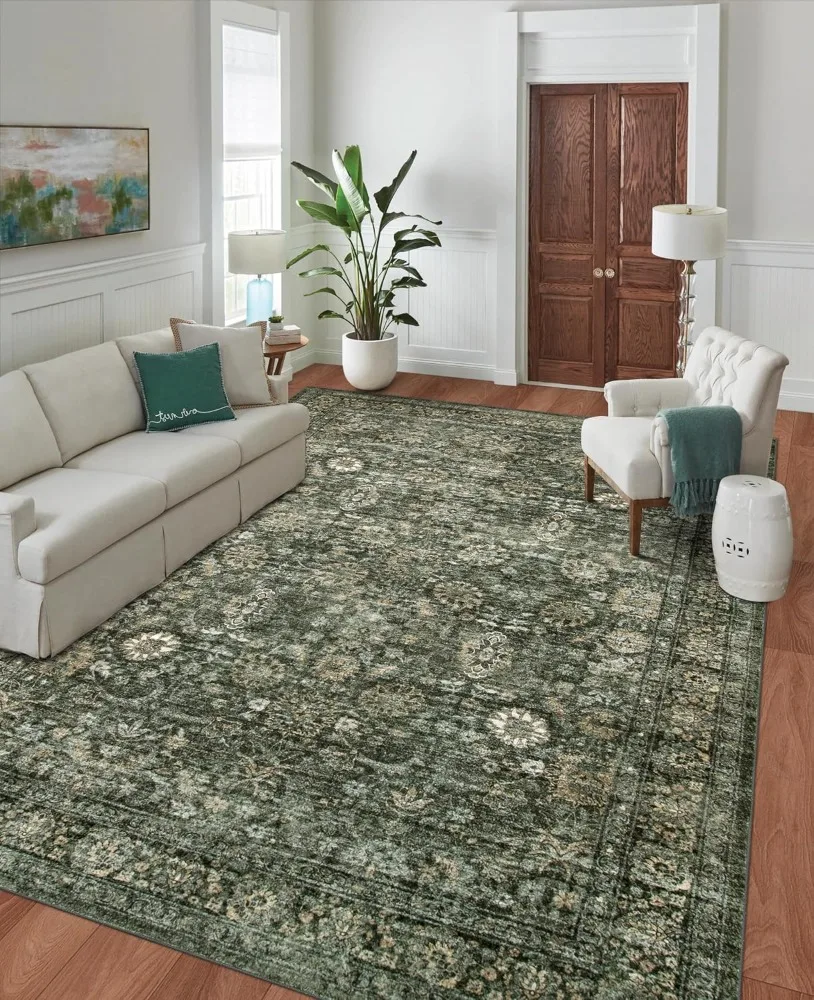 Morebes Vintage Dark Green Living Room Rug, 9x12 Area Rug Large Washable Rugs for Bedroom, Soft Dining Room Carpet Non-Slip