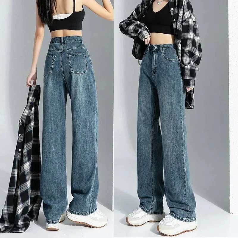 

Korean New Female High Waisted Denim Wide Leg Pants Retro Style Spring Versatile Loose Fitting Straight Cylinder Cowboy Trousers