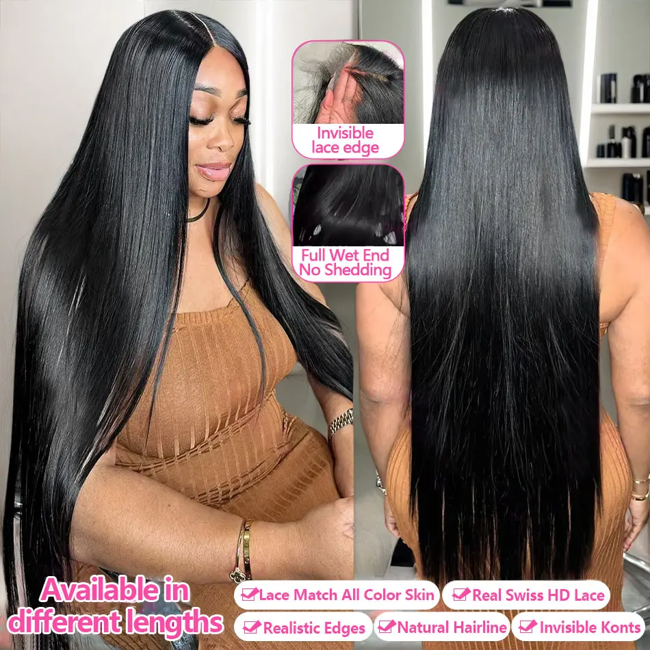 30 Inch 13x4 13X6 Straight Lace Front Wig 200% Density Transparent Frontal Natural Black 100% Human Hair Wigs For Women