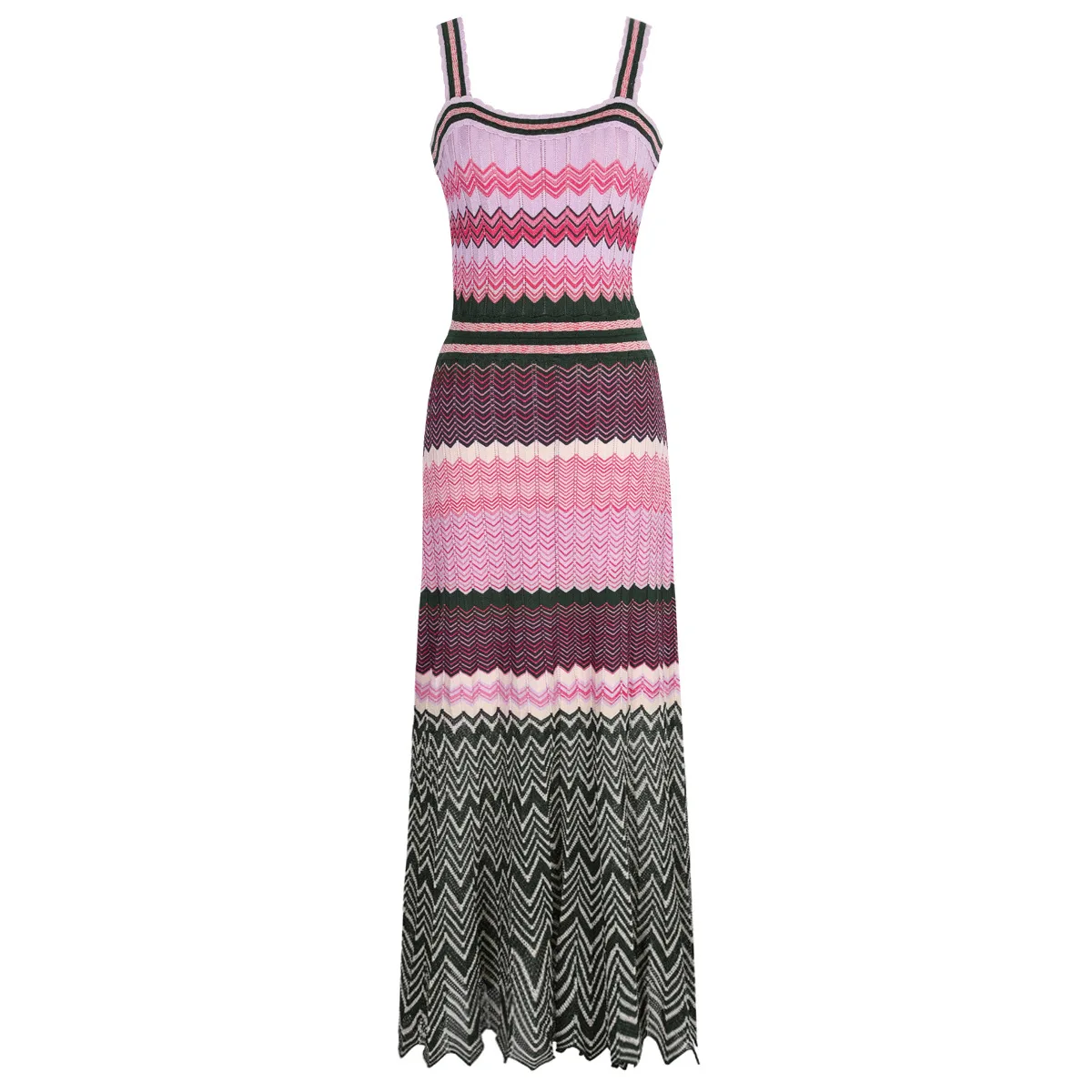 Ärmellose Sling-lange Kleider, elegantes, schlankes Strickkleid, Farbe Clash-Mantel, sexy langes Kleid, Wellenschnitt, 2025, Sommer-Damenbekleidung