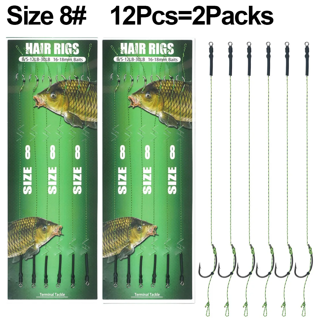 12 Stück Karpfen-Angelhaken, vorgebundener Karpfenhaken, Haar-Rig für Karpfen mit Linie, fertig gefertigte Boilies-Köder-Haar-Rigs, Karpfen-Angelgerät