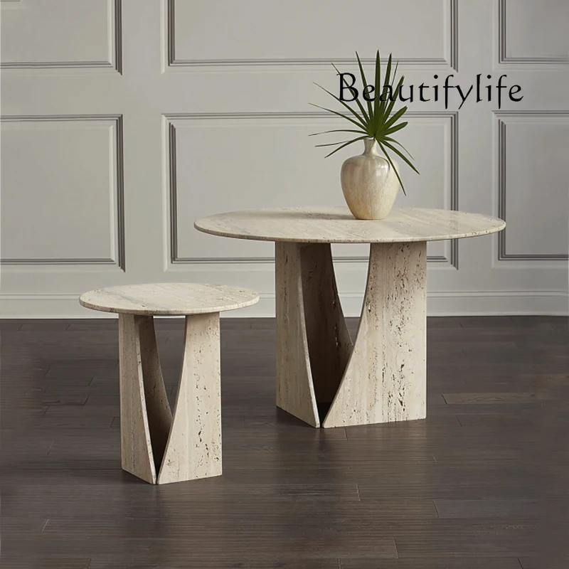 Wabi Sand Wind Natural Travertine Round Table Homestay Living Room Model Room Dining Table Simple Marble Dining Table