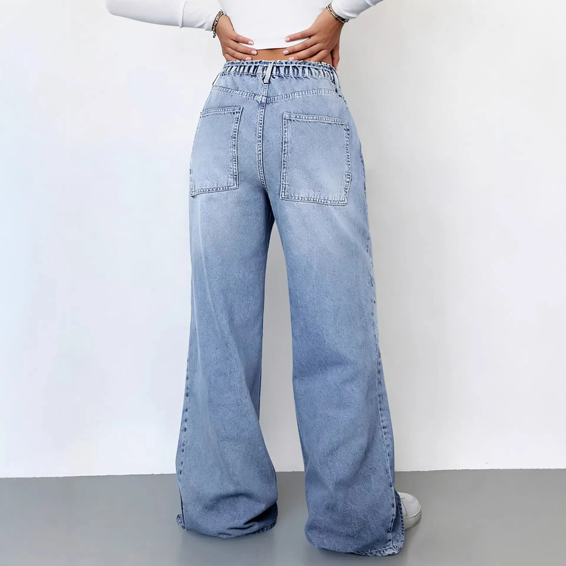 Wide Leg High Waist Jeans Retro with Western Spring Relaxed Fit Wash Jeans Pocket Regular Thickness High Stretch Women Pants