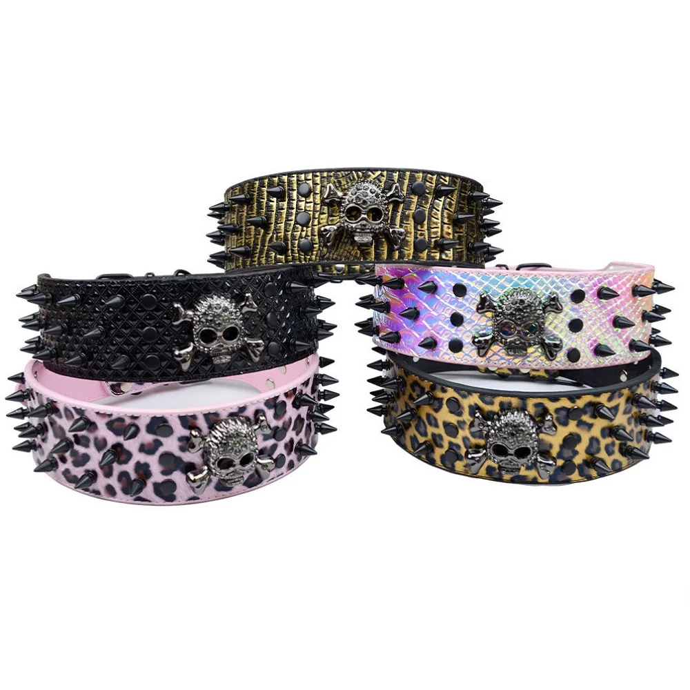 Punk Style PU Leather Dog Collar Skull Studded Spikes Rivets Leopard Crocodile Embossed Pet Necklace for Small Medium Large Dogs