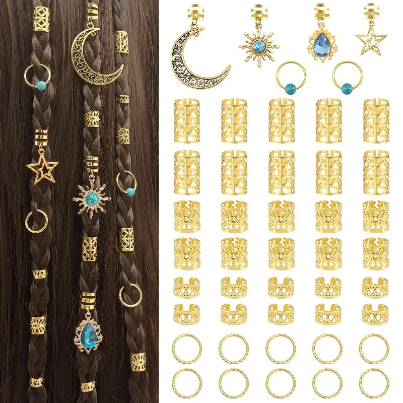 

46 Pieces Gold Lake Blue Stone Charms Cutout Sun Crescent Hair Rings for Woman Locs Hip Hop Boho Style Hair Decor Kit Durable