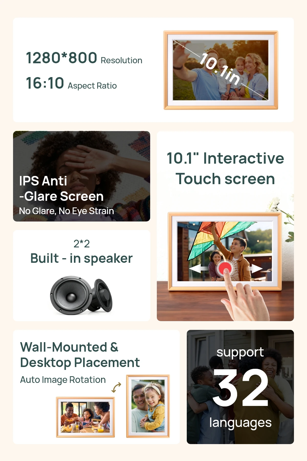 NEW  10.1 Inch Metal Digital Photo Frames WiFi 32GB IPS HD Free Touch Screen Remote Share Photos Videos Auto Rotation,D10 Gold