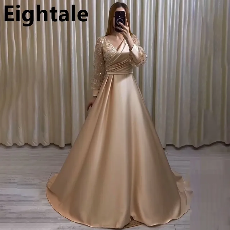 Champagne Customized Plus Size A Line Evening Dress Sparkly Long Sleeves V Neck Sequins Satin Custom Made Formal Prom Party Gown