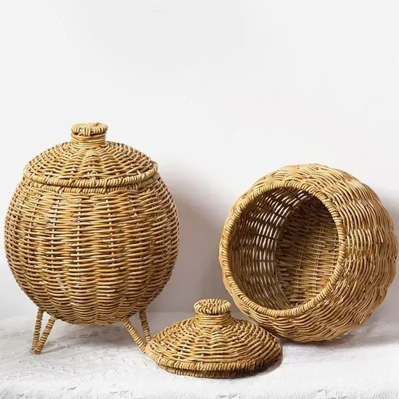 

Hand-woven Oval Pumpkin Basket Desktop Sundries Storage Jar Lid Imitation Rattan Retro Storage Wicker Basket Plant Flower Basket