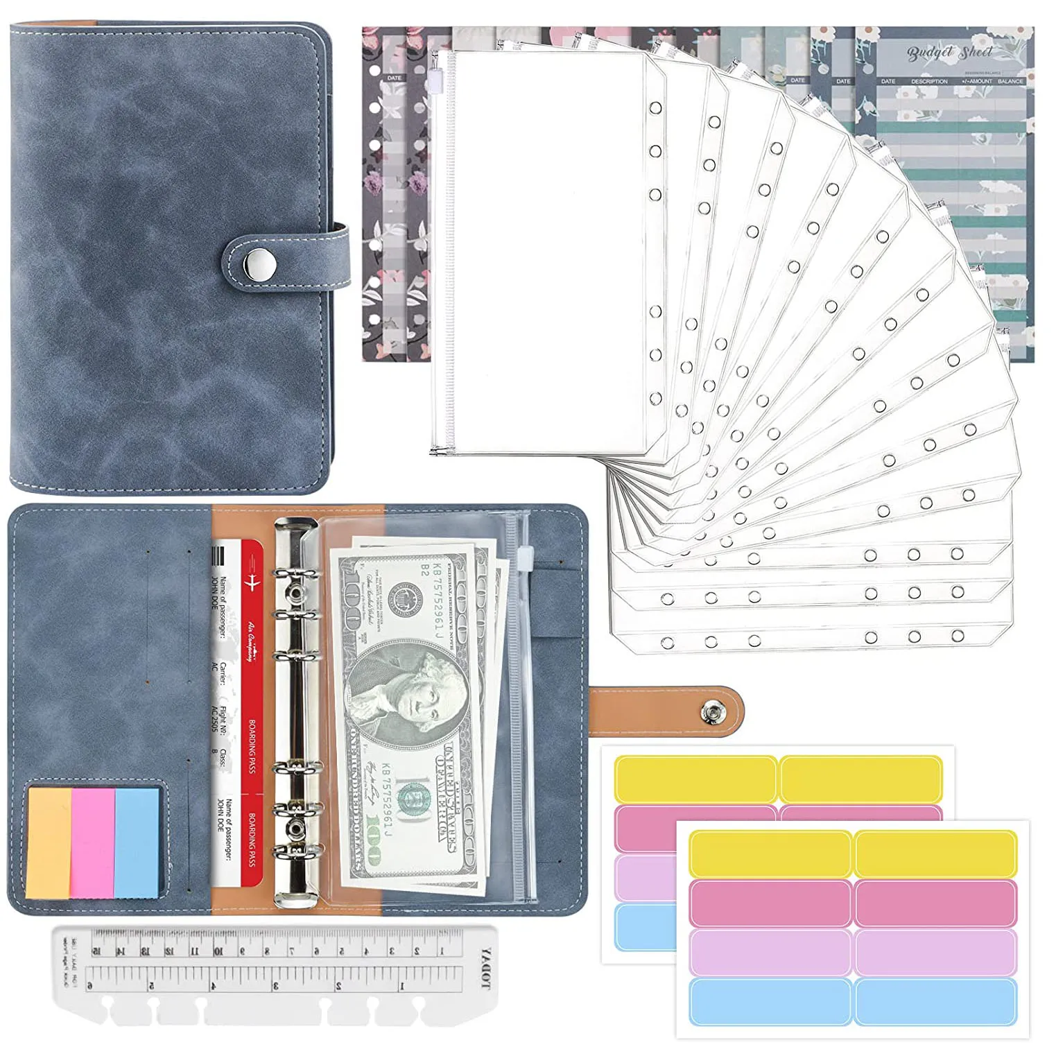 28Pcs A6 PU Leather Binder Budget Notebook Folders with Clear Binder Pockets ,Budget Sheets, Label Stickers, for Money Saving