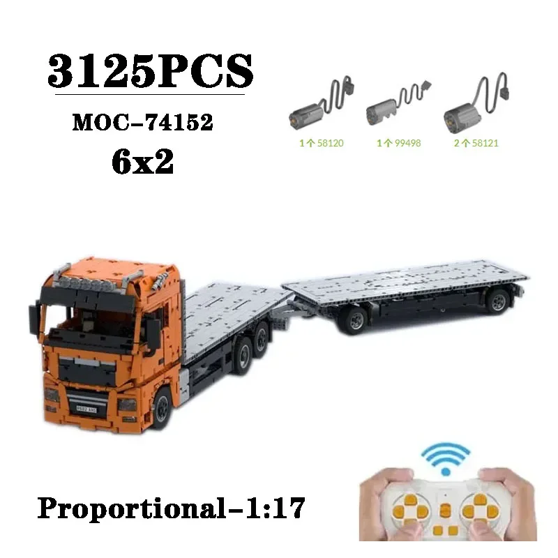 MOC-74152 RC Flatbed Truck with Trailer 1:17 Assembly Stitching Building Block Model3125Parts Kids Birthday Building Block Model