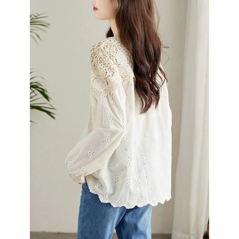 Korean Version Simplicity Fashion Commute Hollow Out Montage Solid Color Sense of Design Ladies\' Round Neck Shirt Autumn 2024