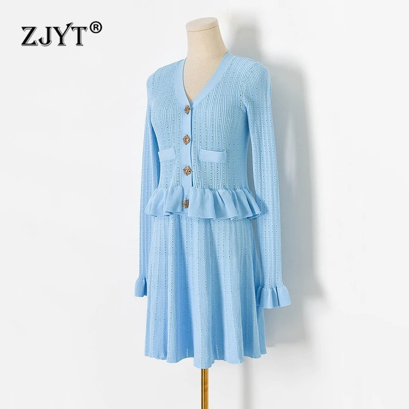 

ZJYT Autumn Winter Ruffles Knitting Sweater Dresses for Women 2024 Elegant V Neck High Stretch Knitwears Party Dress Female Robe