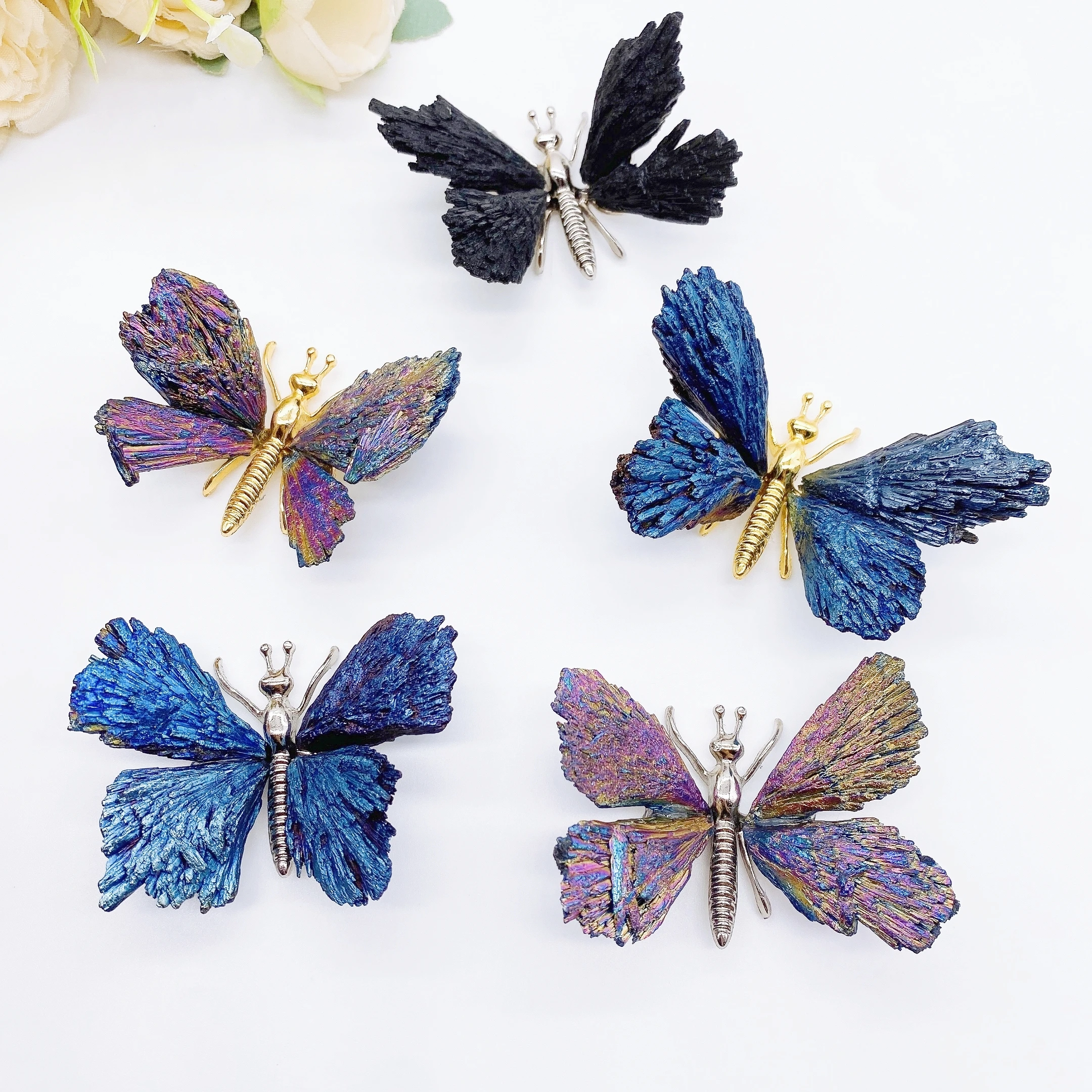 1PC Natural Colorful Tourmaline Electroplanted Butterfly spar DIY crafts Handmade Reiki Healing Home Decoration Chakra Gift
