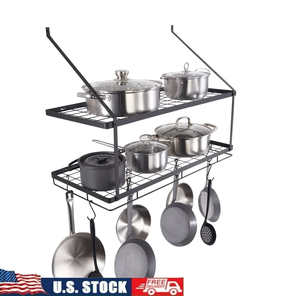 

30-дюймовая настенная полка для кастрюль с 12 крючками S. Прочный кухонный органайзер из углеродистой стали. Простая установка. Идеальный дом.