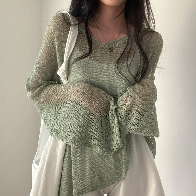 Vintage Korean Version Thin Hollow Long Sleeve Knitted Pullovers Women Spring Summer Design Niche Tops Loose Sexy Blouse