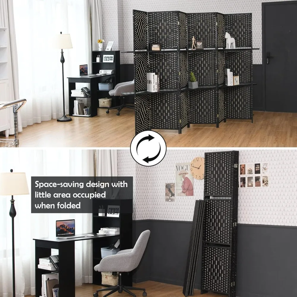 Freestanding Hand-woven Rattan Folding Privacy Screens for Room Separation, Wooden Partition Room Divider Wall for Home Office