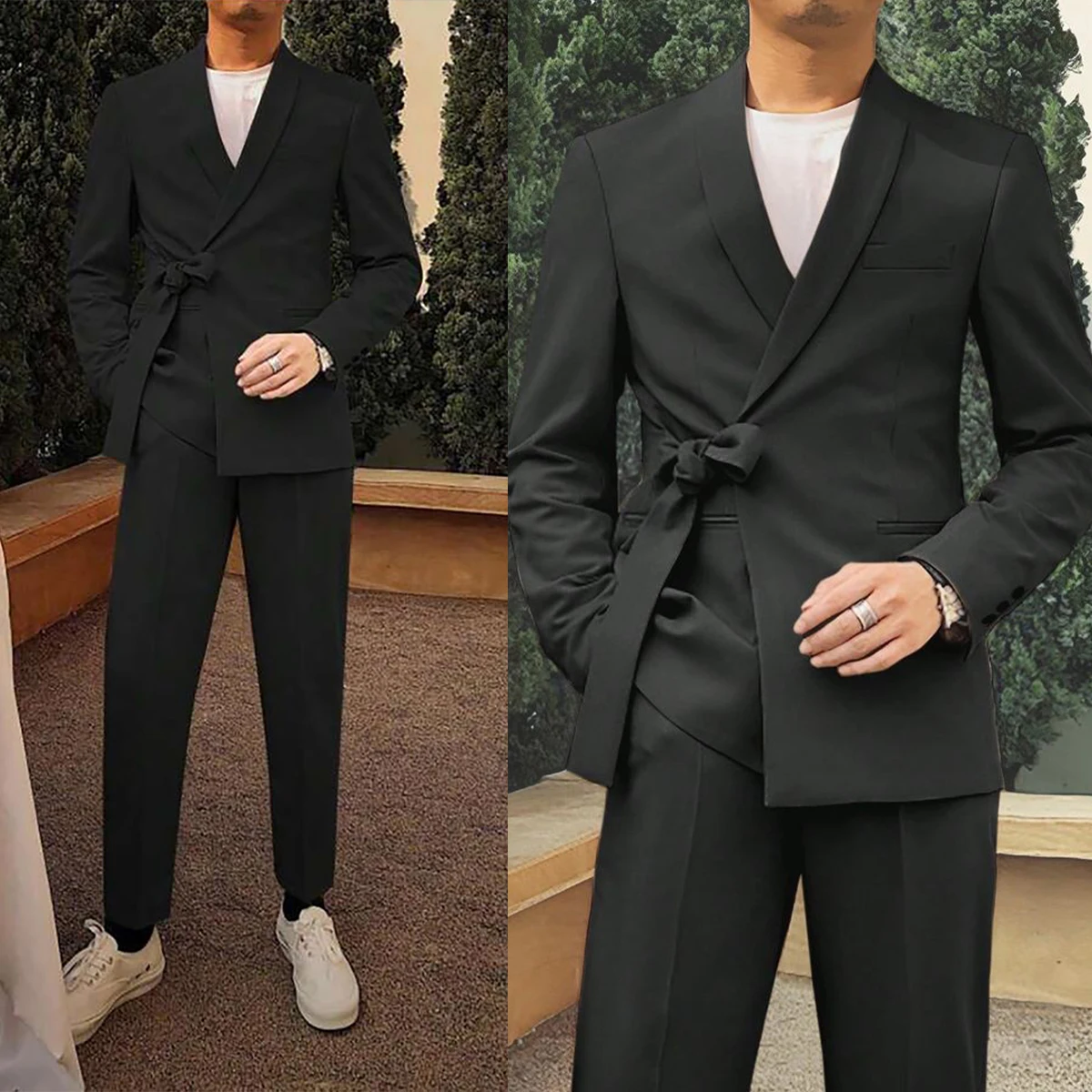 

Casual Men Suit Wedding Shawl Lapel Waist Strap Groom Tuxedo Bridegroom Suits 2 Piece(Blazer Pant) Leisure Occasion Custom Size