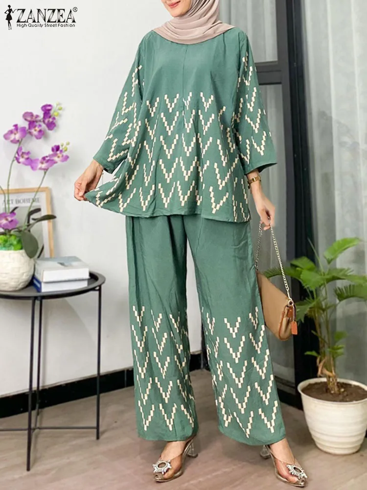 ZANZEA Casual Loose Printing Pant Sets Muslim Fashion 3/4 Sleeve Tops Elastic Waist Trousers 2pcs Outfits Everyday Matching Sets