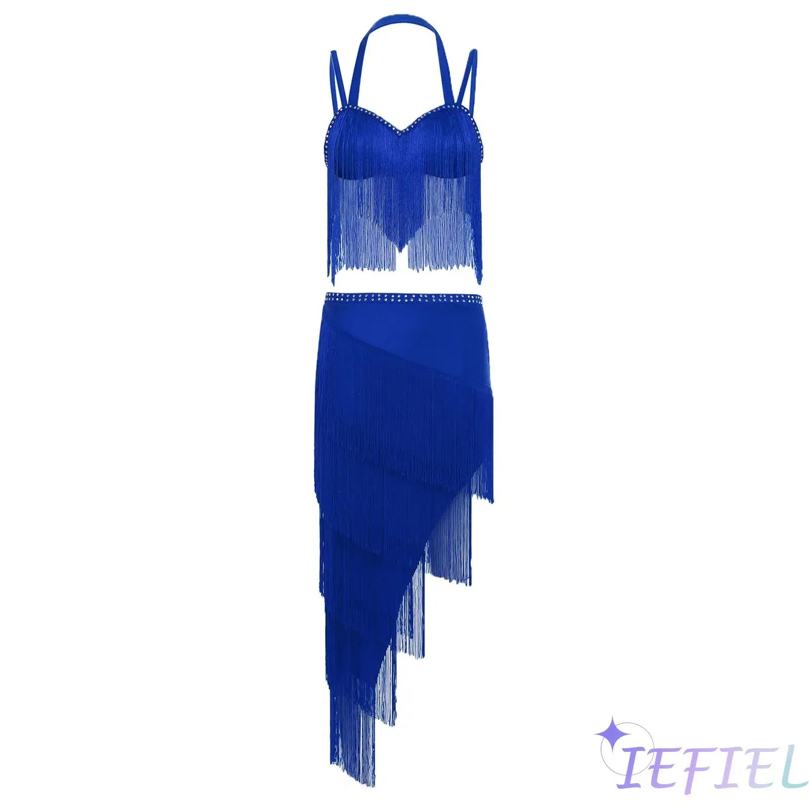 

Womens Latin Tango Fringed Dance Outfit Sleeveless Rhinestone Camisole and Tassel Skirt for Belly Dance Cha-cha Rumba Proms