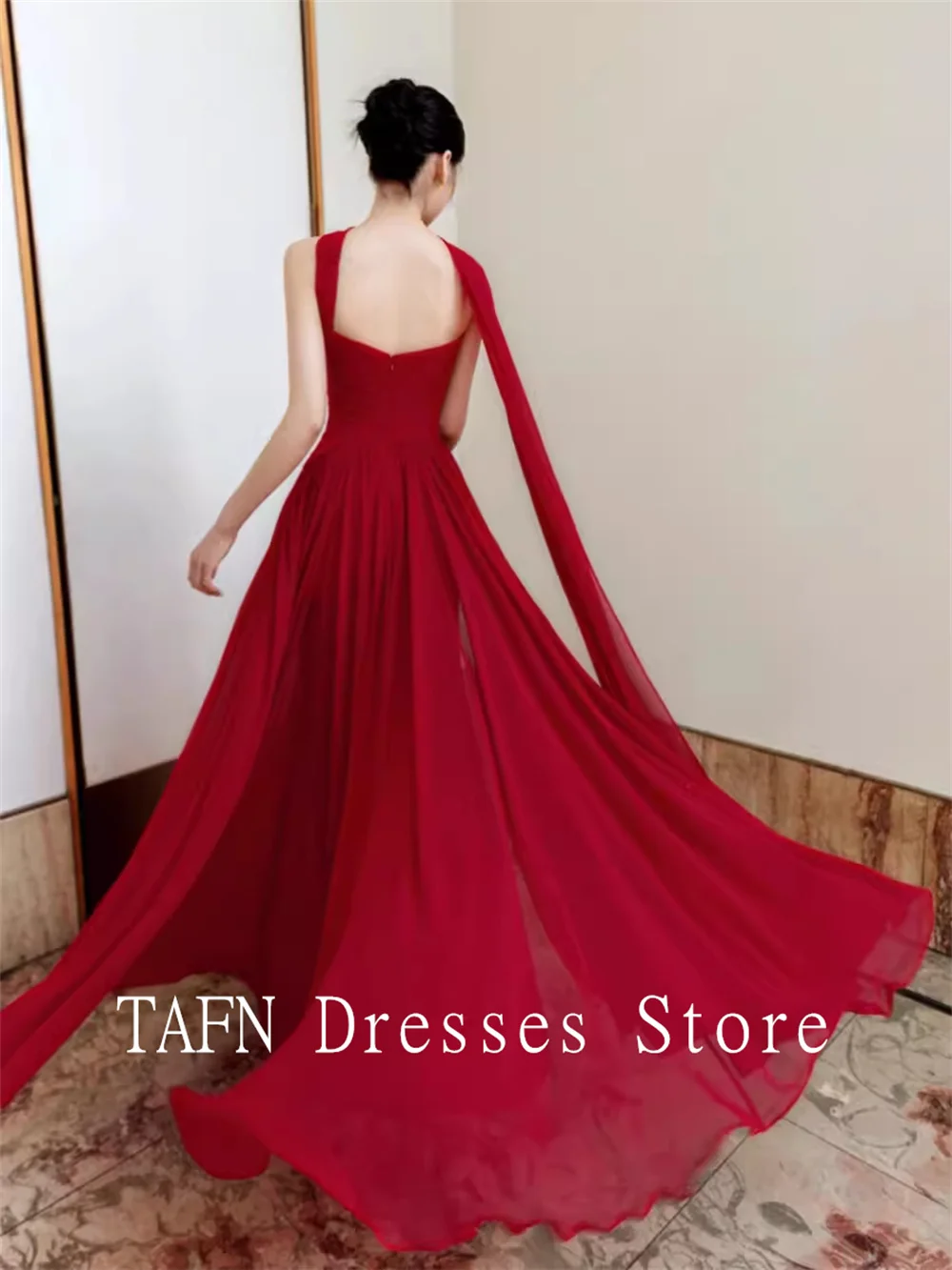 TAFN Russian Red Elegant Evening Party Dresses Strapless Sleeveless A-line Floor-Length Backless Prom Gown Custom Made