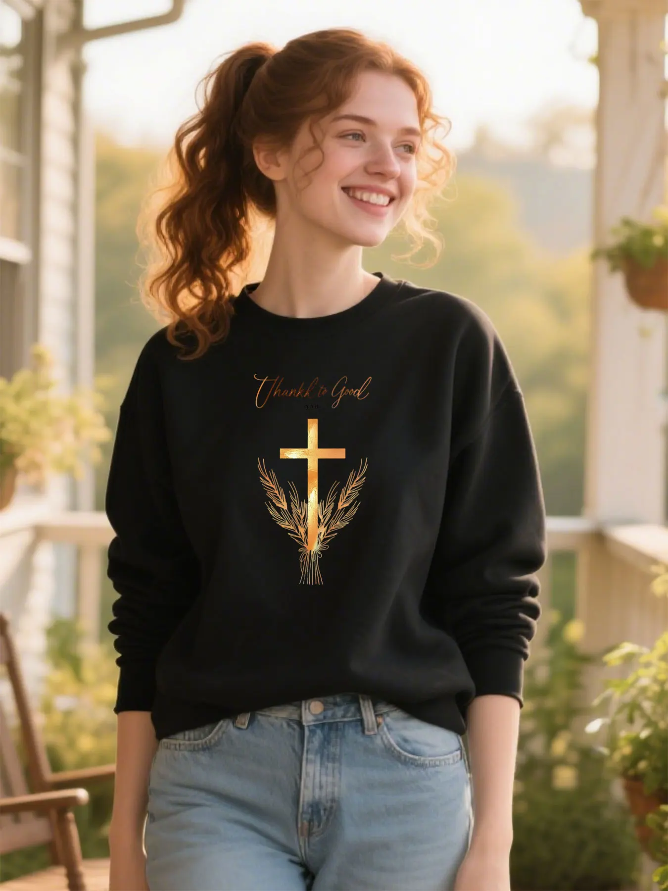 

Soft Cotton Unisex Crewneck Sweatshirt With Golden "Thanks to God" Cross & Wheat Print Classic Versatile Thanksgiving Gift​