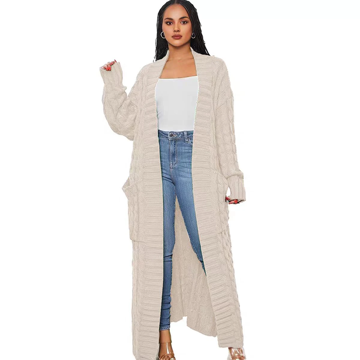 

Autumn Winter Women's Loose Long Knitted Cardigan Coat Pure Color Retro Twist Thi Needle ket Knitwear Casual Sle