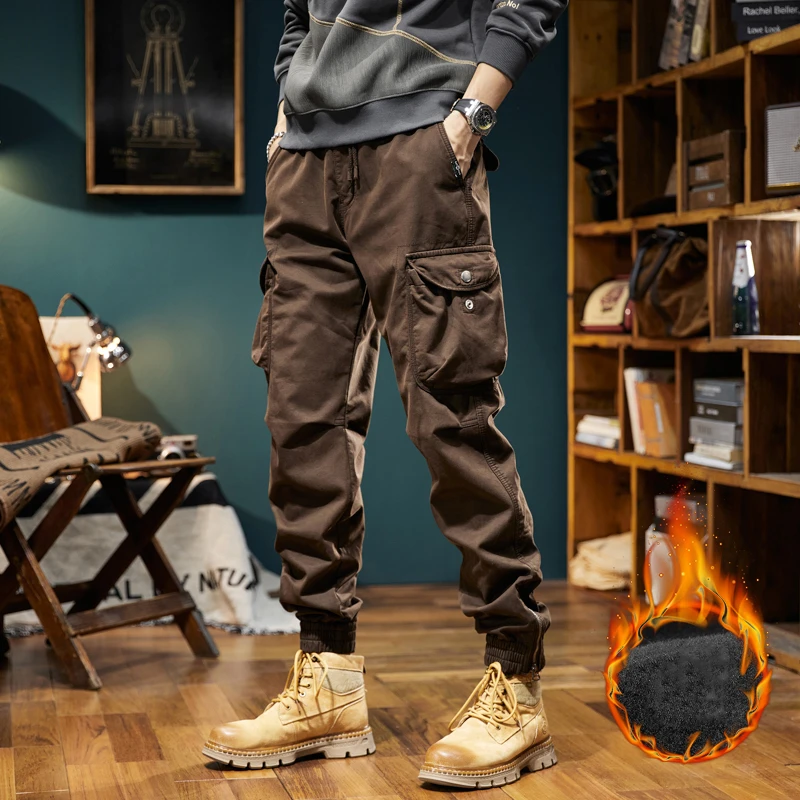 2023 New Winter Cargo Pants Men Multi-Pockets Drawstring Fleece Liner Thick Warm Overalls Joggers Casual Cotton Thermal Trousers