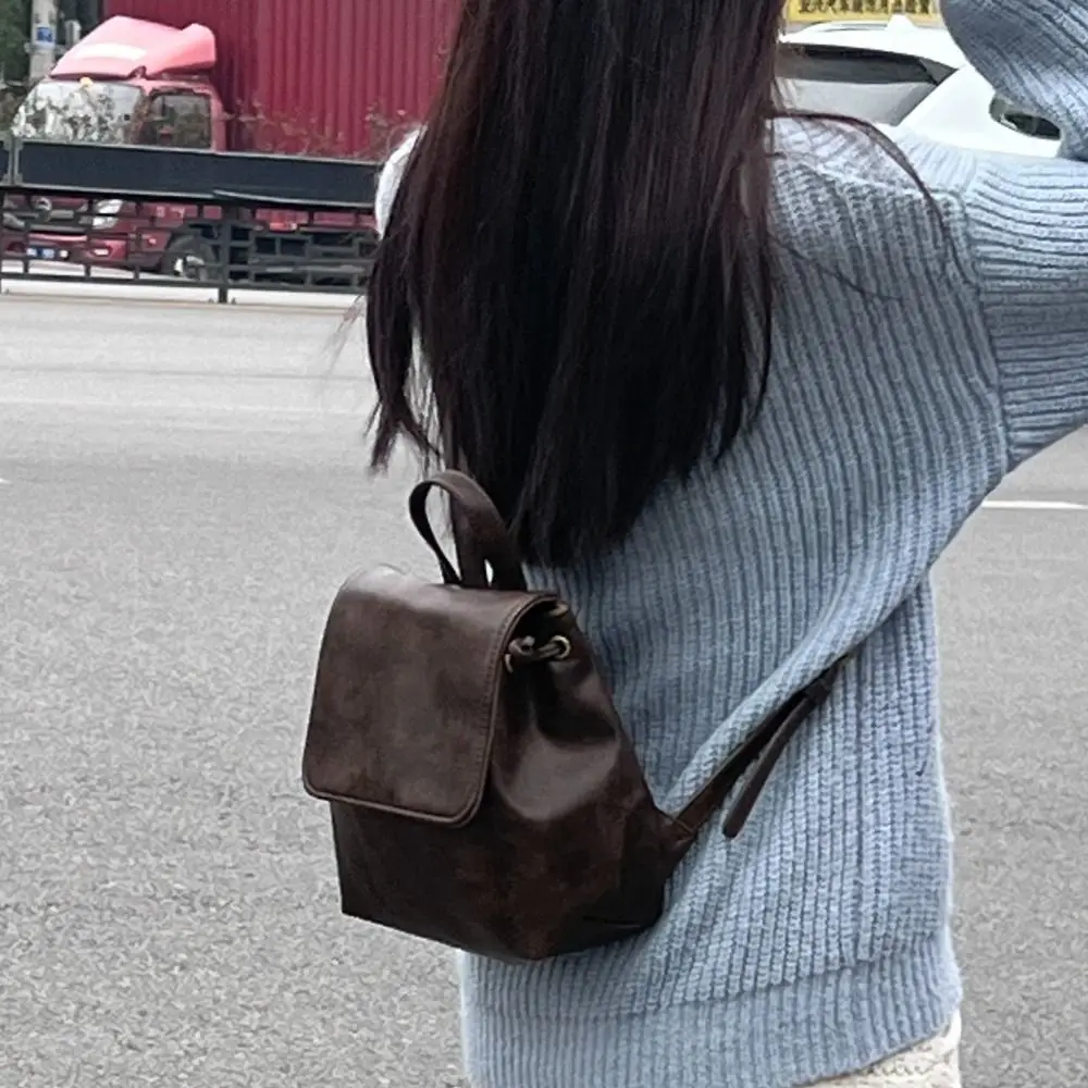 

PU Leather Drawstring Flap Backpack Solid Color Large Capacity School Book Back Korean Style Fashion Women Shoulder Bag Travel