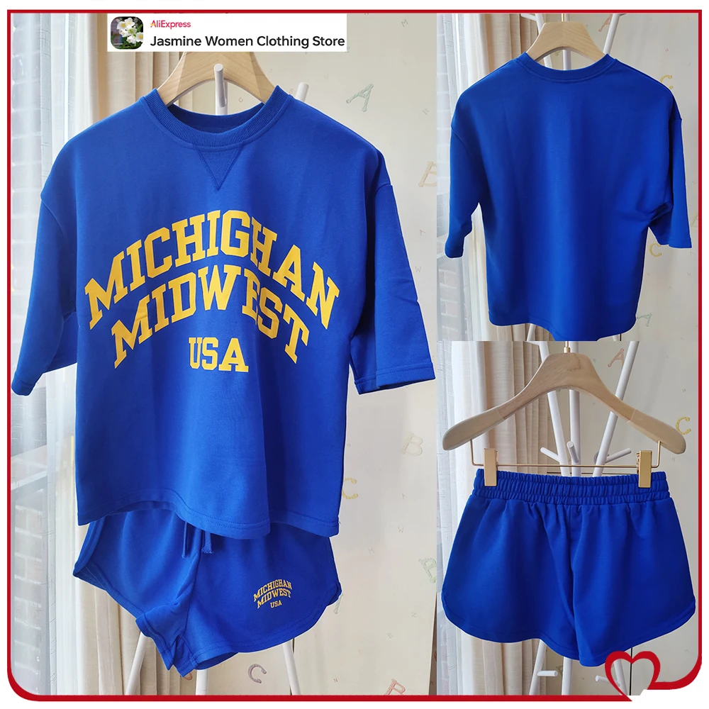 Women's Varsity Blue Short Sets with Contrasting Text Aesthetic Washed Effect Text Short Sleeve Sweatshirt and Drawstring Shorts
