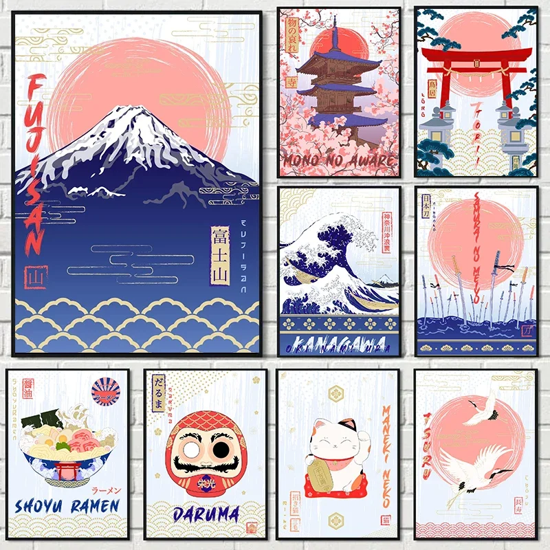 Póster de paisaje de cultura japonesa, Fujisan Kokeshi Kanagawa, animales, Ramen, pintura en lienzo de comida, imágenes artísticas de pared, decoración del hogar para habitación