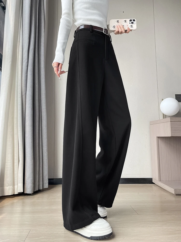 

2024 New Fall Winter Woolen Pants Women High Waist Wide Leg Straight Pants Solid Pocket Zipper Casual Office Ladies Trousers