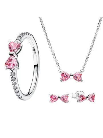 Fine Jewelry Pink Shining Bow Set Ring Earrings Bracelet Necklace Zircon Original 925 Sterling Silver DIY Women DIY Birthdy Gift