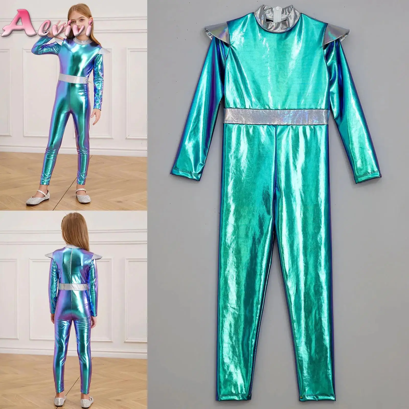 

Kids Alien Robot Future World Party Costume Long Sleeve Metallic Bodysuit Halloween Astronaut Role Play Full Length Bodysuit