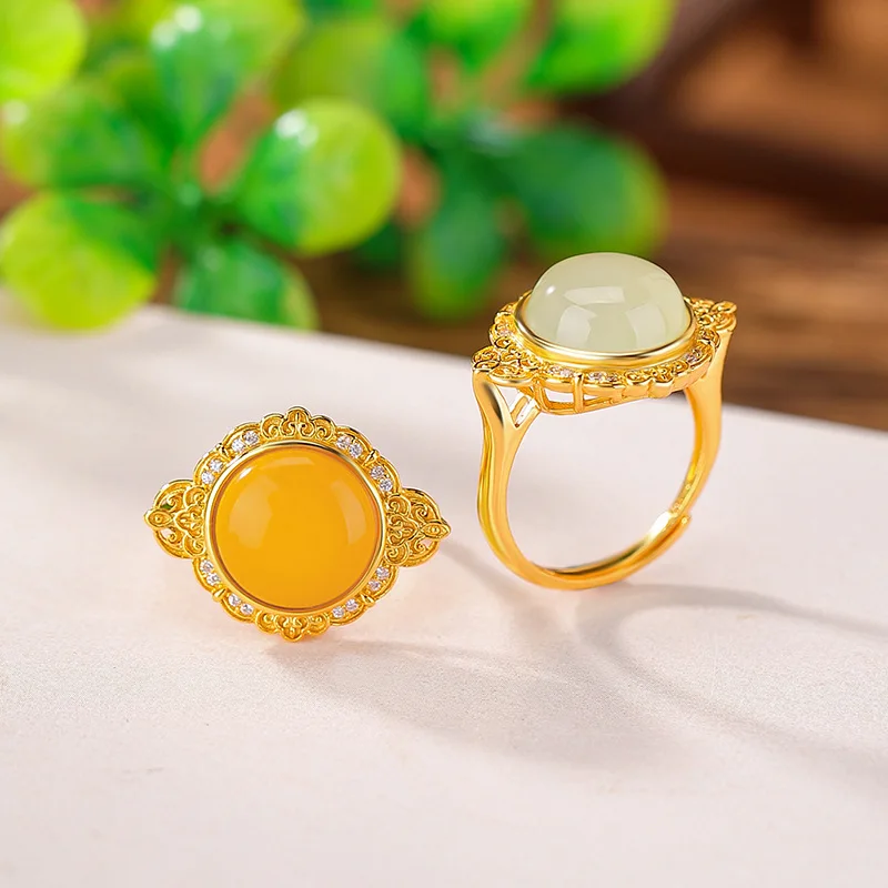 

Hetian Amber Jewelry S925 Sterling Silver Gold Plated Jade Round Ruyi Inlaid Ring