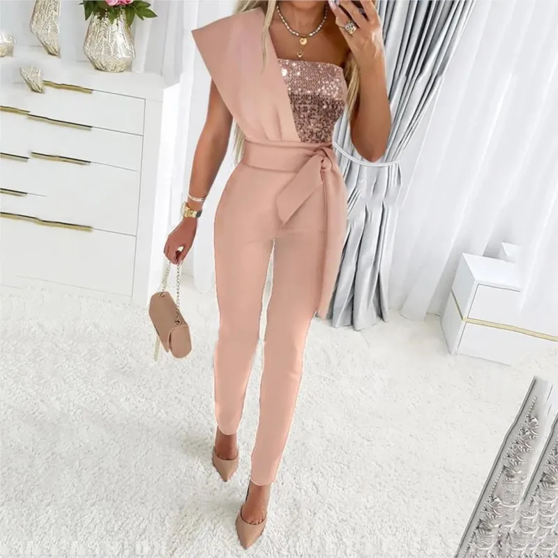 Women's Sequins Patchwork Bodycon Jumpsuit Summer Elegant Fashion One Shoulder Prom One Piece Belt Trouser Overalls Jumpsuits