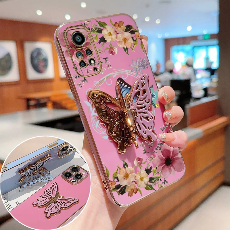 N ote 11 Flower Butterfly Plating Holder Phone Case For Xiaomi Redmi Note 11S 11Pro 11TPro 11EPro 10T 11T 11SE 12R 12S 12 Cover