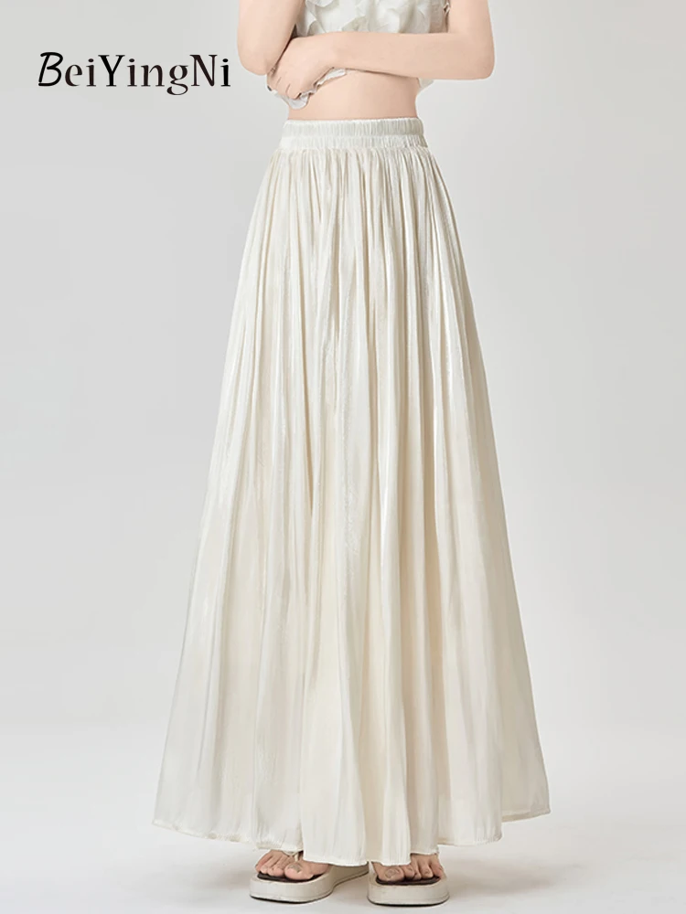 Beiyingni Vrouwen Maxi Geplooide Rokken Casual Eenvoudige Elastische Taille Wit Roze Lange A-lijn Rok Dames Elegante Luxe Franse Jupes